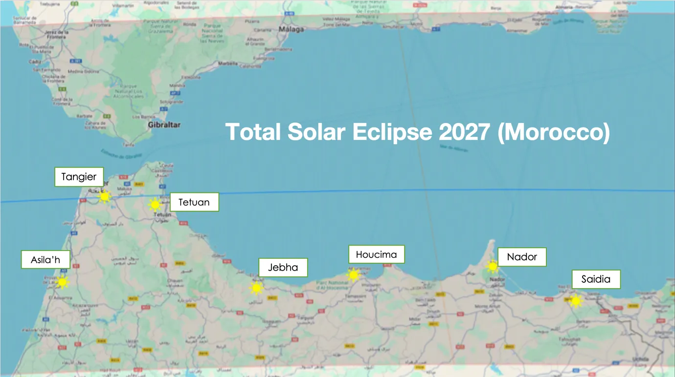 Map of the 2027 total solar eclipse path across northern Morocco, marking Tangier, Tetouan, Asilah, Jebha, Al Hoceima, Nador and Saidia